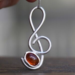 New Natural Spessartine Garnet Pendant Treble Clef Music Design Sterling Silver